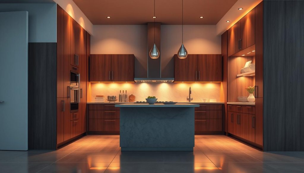Prompt A meticulously crafted 3D personalized kitchen design by Kitchen Prestige, featuring a sleek, modern aesthetic. The scene showcases a luxurious kitchen space with clean lines, high-end appliances, and a warm, inviting ambiance. Warm lighting illuminates the rich wood tones and elegant stone countertops, creating a harmonious blend of form and function. The camera angle captures the kitchen from a low perspective, emphasizing the depth and grandeur of the space. The overall mood is one of sophistication and attention to detail, perfectly encapsulating the concept and expertise of Kitchen Prestige's customized kitchen solutions.