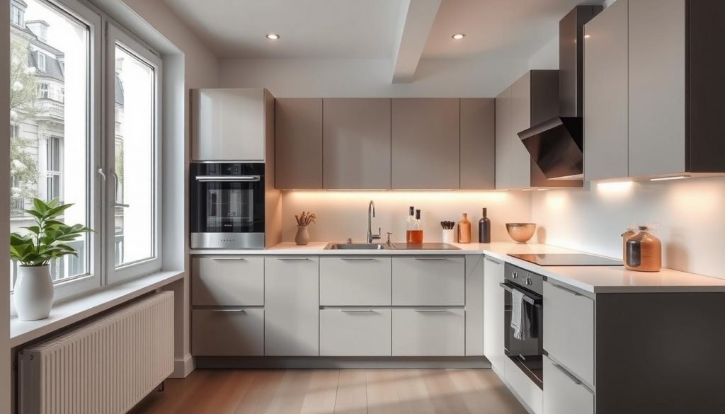 Prompt A well-designed, custom-made kitchen in a compact 10 m2 space in the heart of Lyon, France. The Kitchen Prestige design features clean, modern lines with sleek, minimalist cabinetry in a muted color palette. Soft, ambient lighting highlights the efficient layout and high-quality appliances seamlessly integrated into the design. Large windows flood the space with natural light, creating a bright, airy atmosphere. The kitchen's thoughtful, bespoke elements and meticulous attention to detail reflect the unique needs and style of the homeowner. An elegant, functional sanctuary for culinary exploration and intimate gatherings.