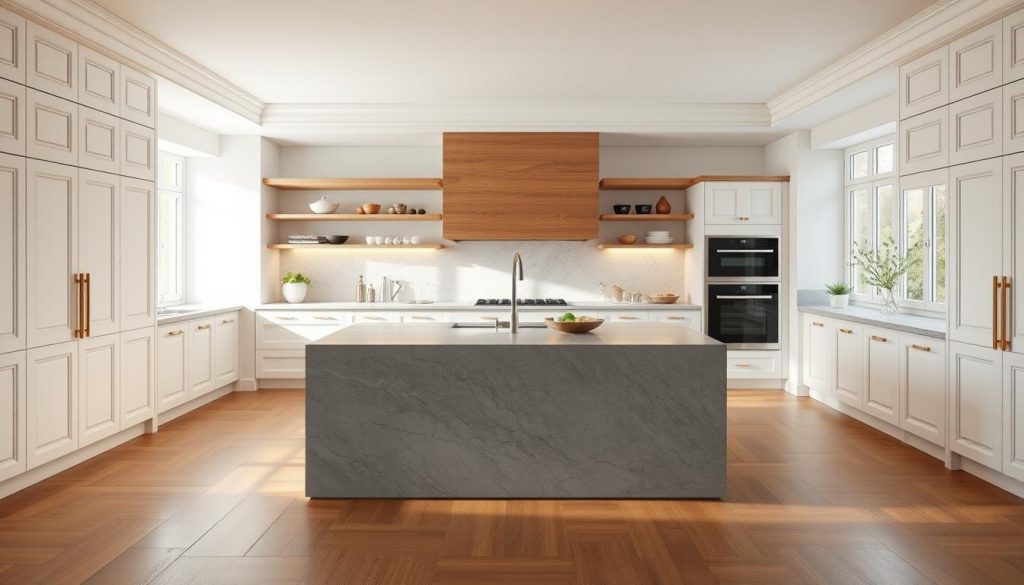 Stunning kitchen island in a modern, light-filled Lyon kitchen. A sleek, minimalist Kitchen Prestige island in grey marble dominates the center, flanked by crisp white cabinetry. Soft, warm lighting casts a gentle glow, complementing the natural hardwood floors. Large windows along the back wall flood the space with natural daylight, creating a bright, airy atmosphere. High-end appliances and carefully curated decor elements complete the luxurious yet functional design. The overall impression is one of sophistication, comfort and culinary inspiration.
